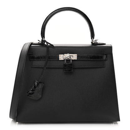 Hermes Madame Calfskin Shiny Niloticus Crocodile Kelly Sellier Touch 25 Black 1 of 11