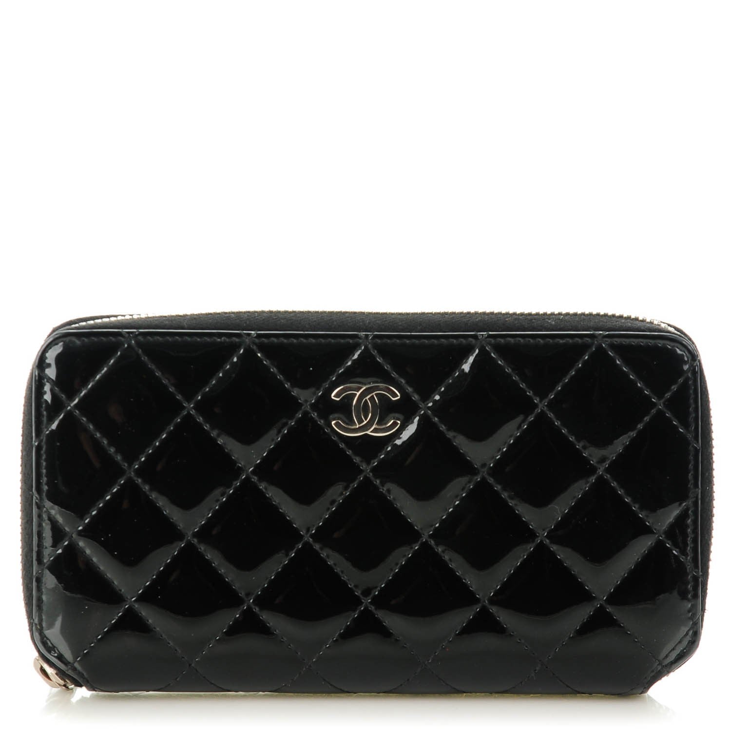 Chanel Glitter Patent Quilted Large Gusset Zip Around Wallet Black 1 of 8