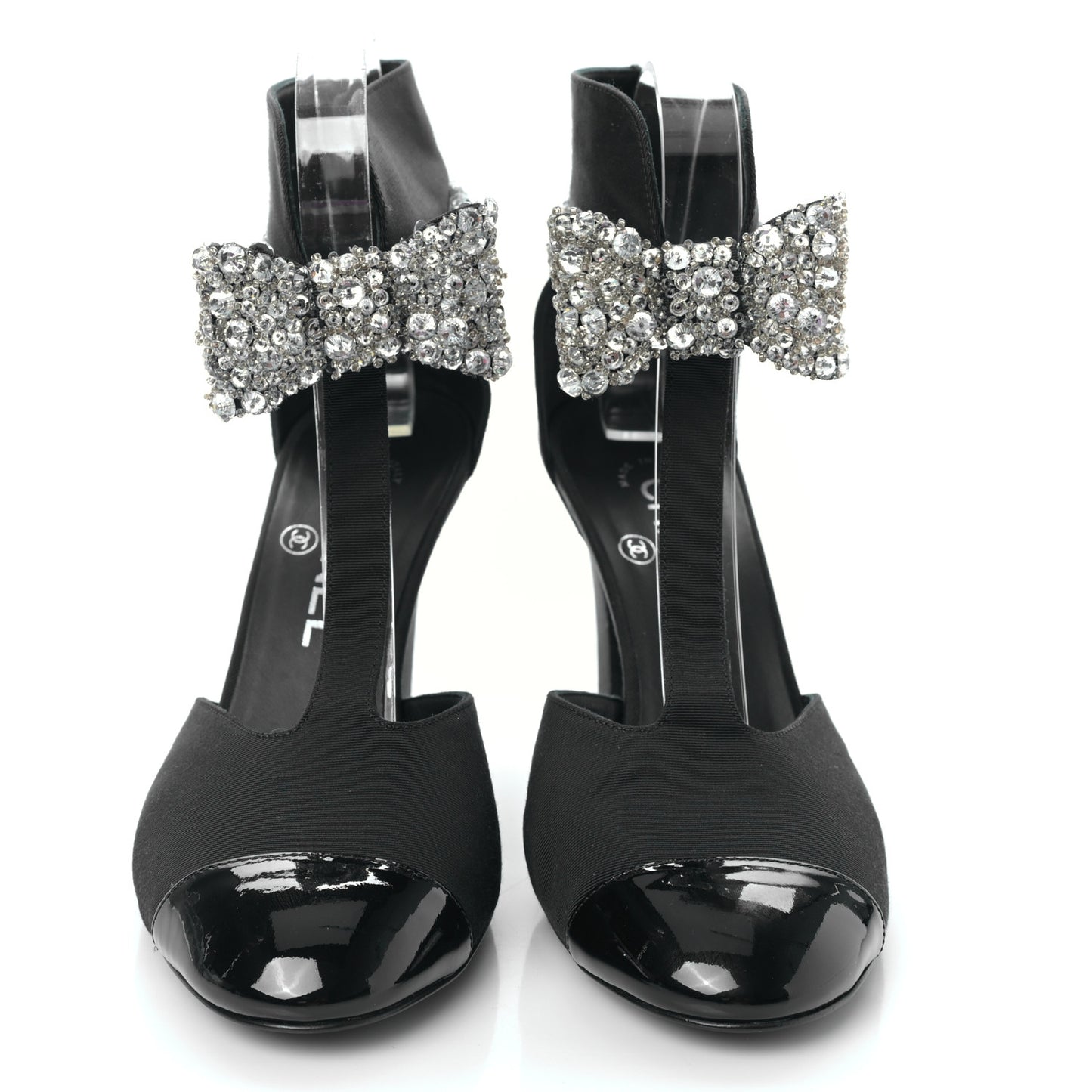 Crosgrain Patent Cap Toe Bow Crystal Pumps 37 Black