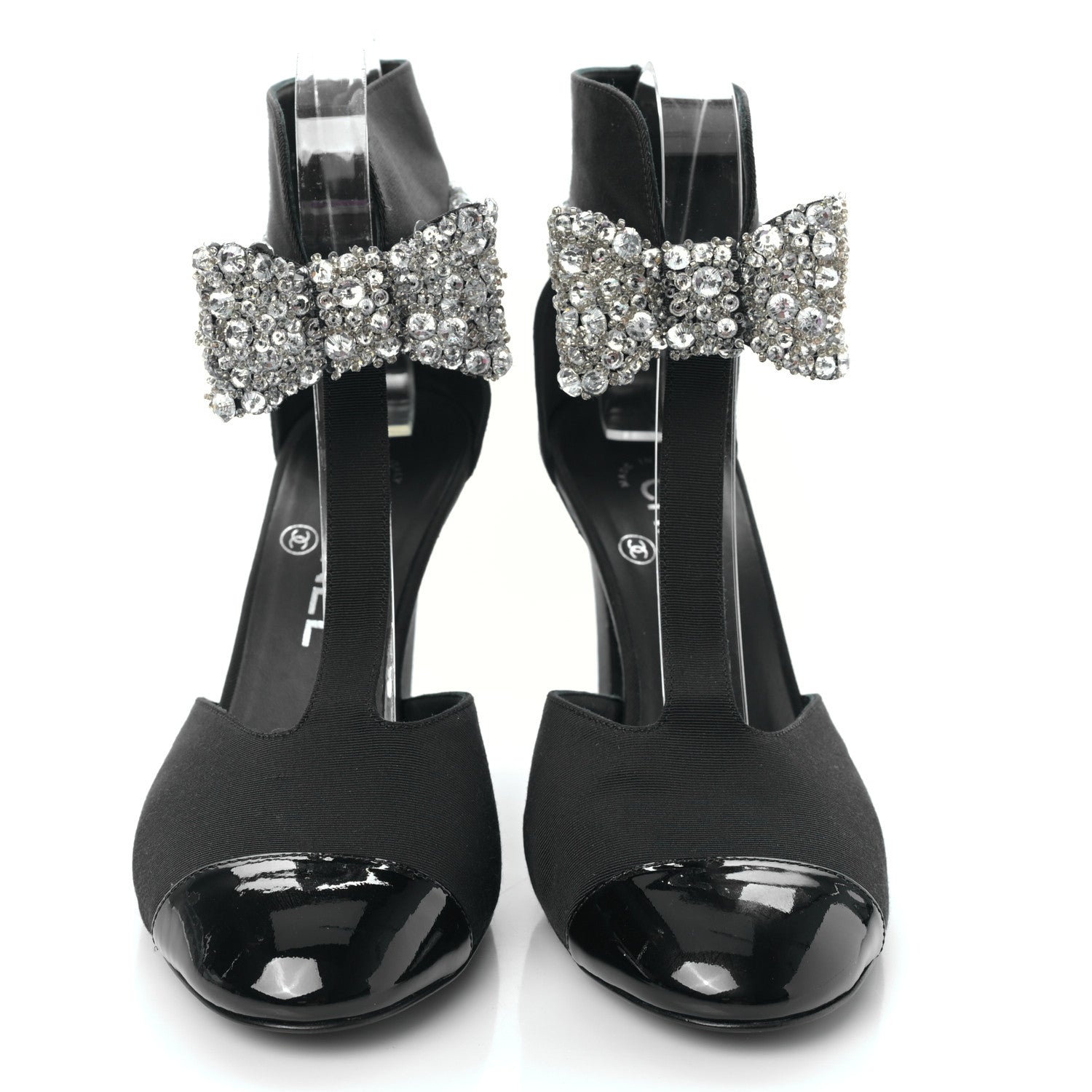 Chanel Crosgrain Patent Cap Toe Bow Crystal Pumps 37 Black 2 of 8
