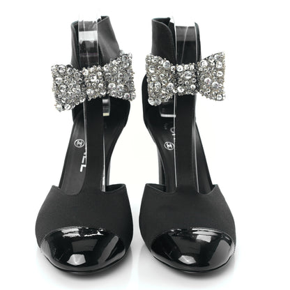 Chanel Crosgrain Patent Cap Toe Bow Crystal Pumps 37 Black 2 of 8