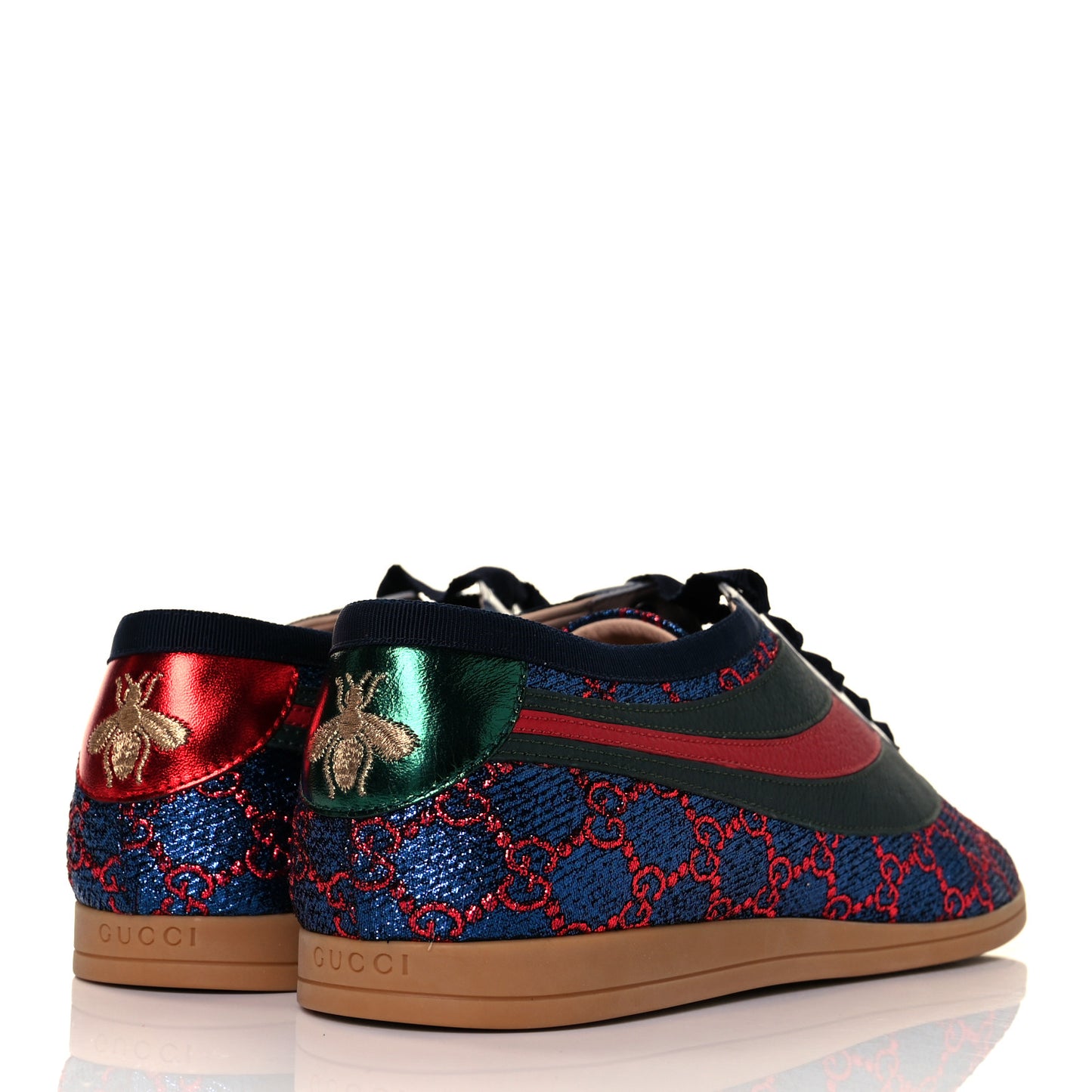 Lurex Calfskin Web GG Monogram Mens Falacer Sneakers 9 Iridescent Blue Iridescent Red Silver