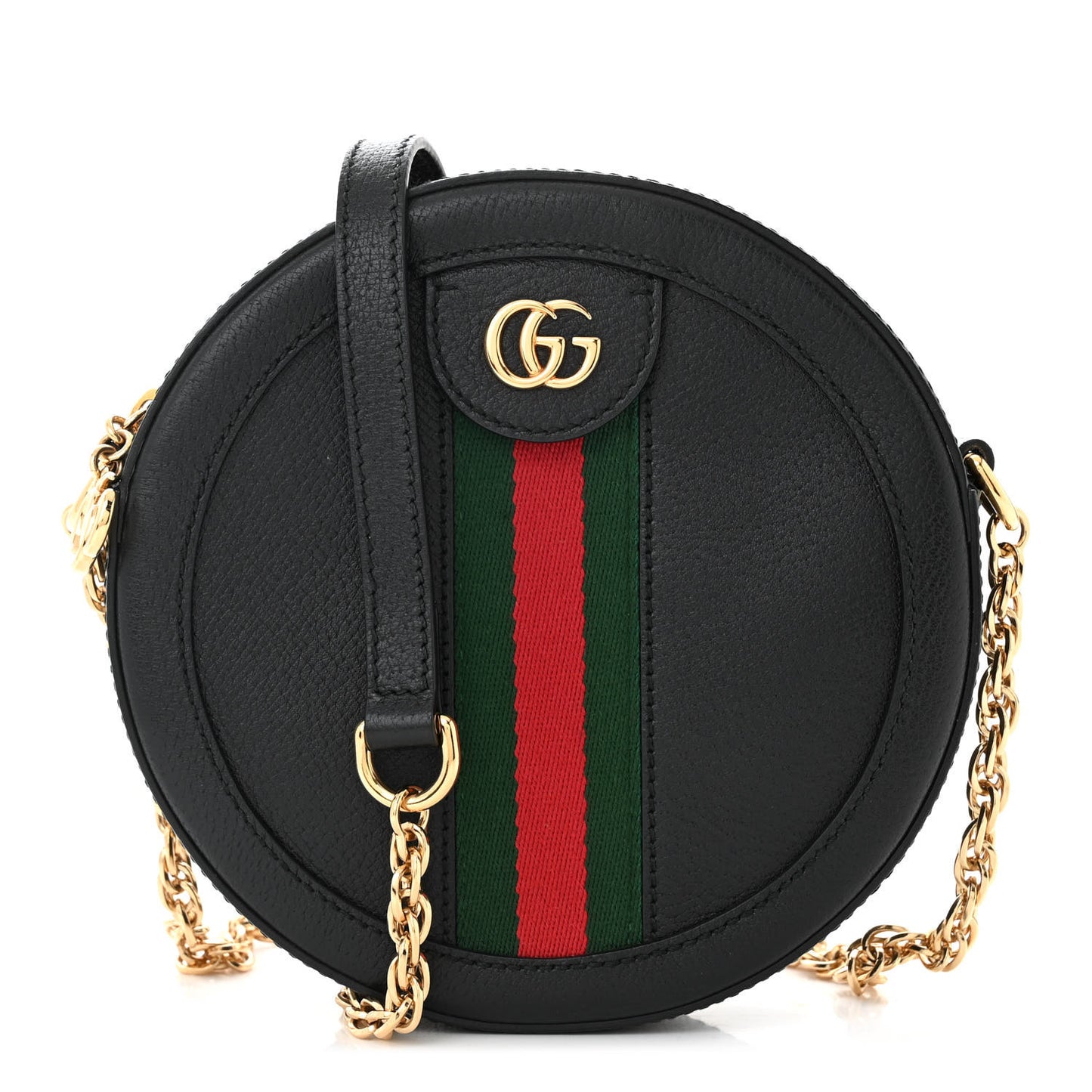 Grained Calfskin Web Mini Ophidia Round Shoulder Bag Black