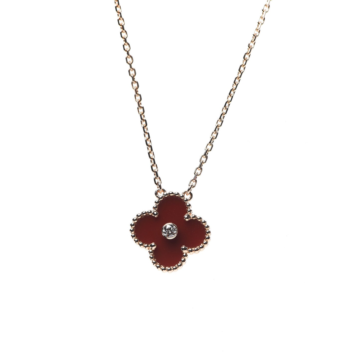 18K Rose Gold Diamond Carnelian Vintage Alhambra Pendant Necklace
