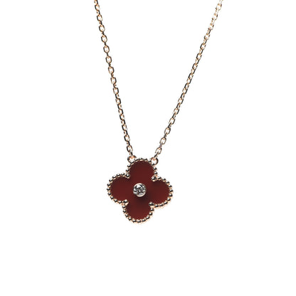 Van Cleef & Arpels 18K Rose Gold Diamond Carnelian Vintage Alhambra Pendant Necklace 3 of 6