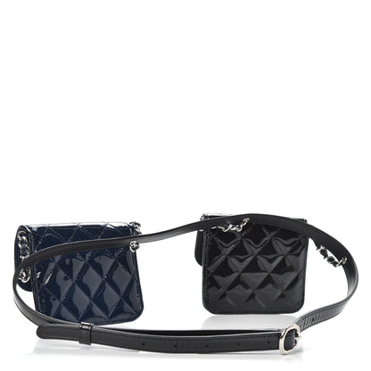 Chanel Patent Quilted Double Mini Flap Waist Bag Black Navy Blue 3 of 7
