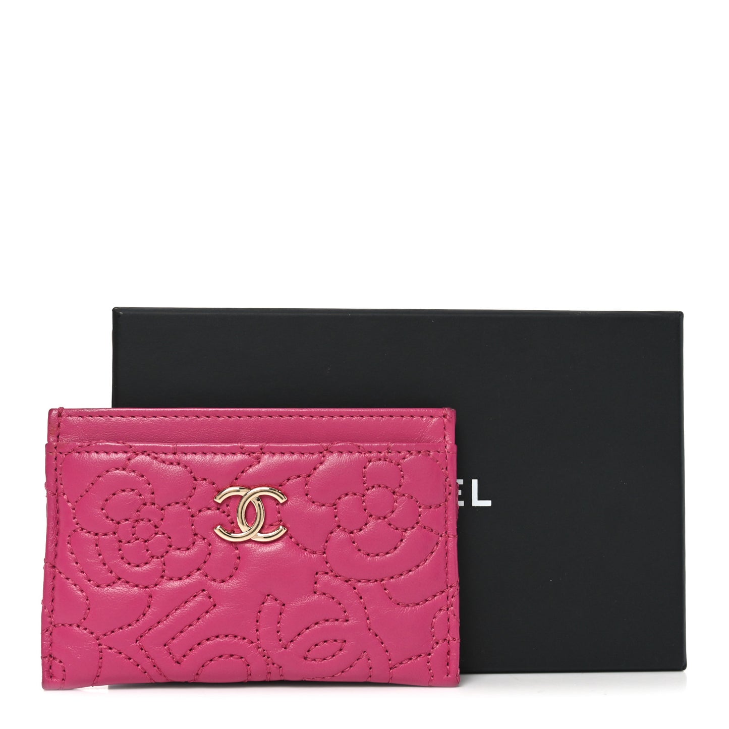 Lambskin Camellia Embossed Card Holder Fuchsia