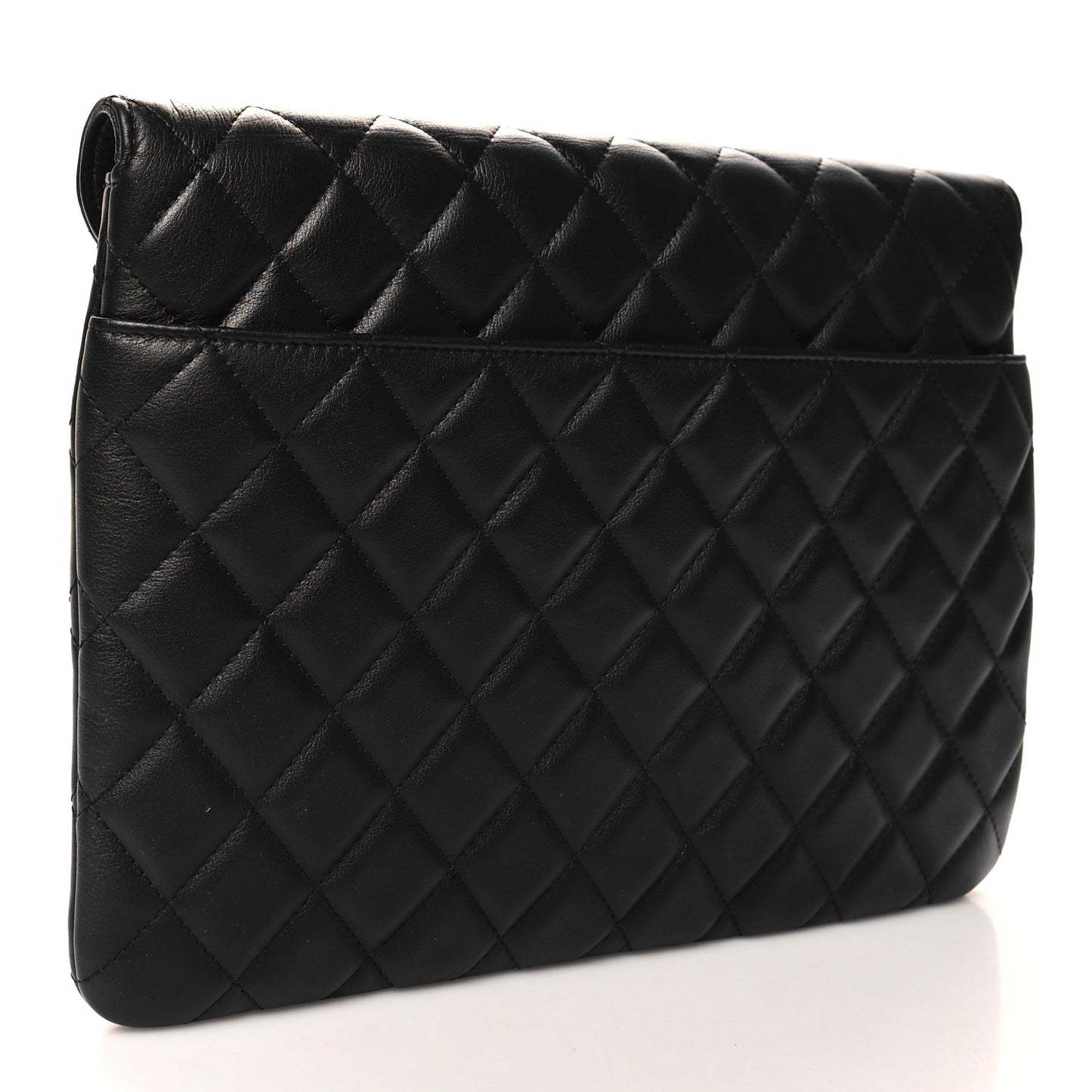 Calfskin Quilted Front Logo Enchained Clutch Black