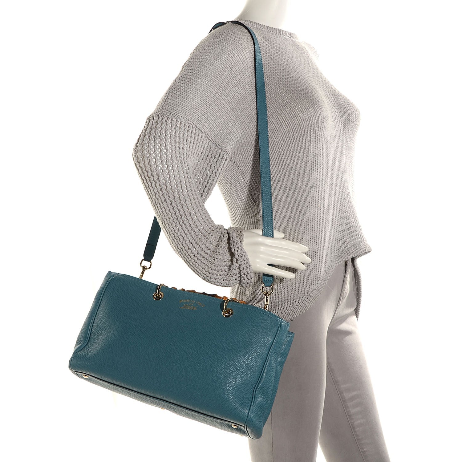Gucci Pebbled Calfskin Medium Bamboo Shopper Tote Light Blue 2 of 9