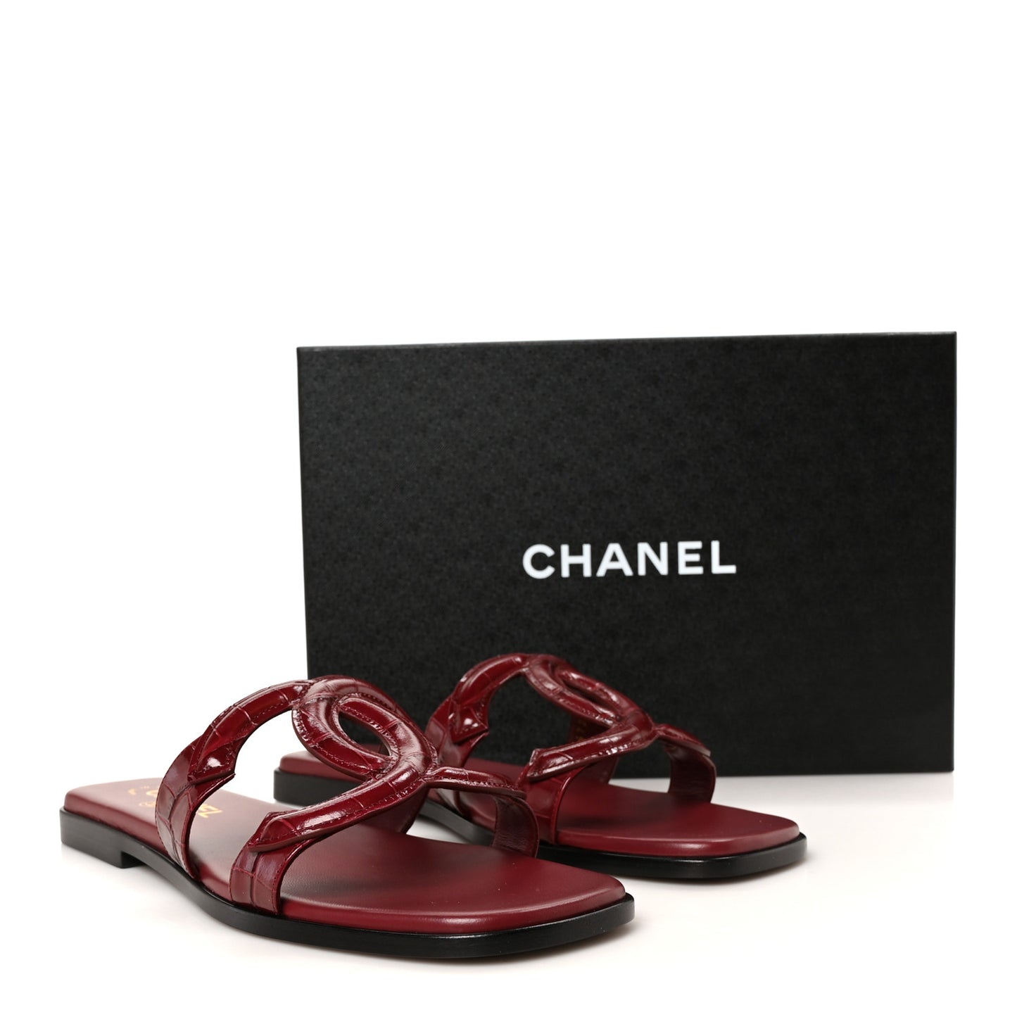 Crocodile Embossed Patent Calfskin CC Mules Sandals 39.5 Burgundy