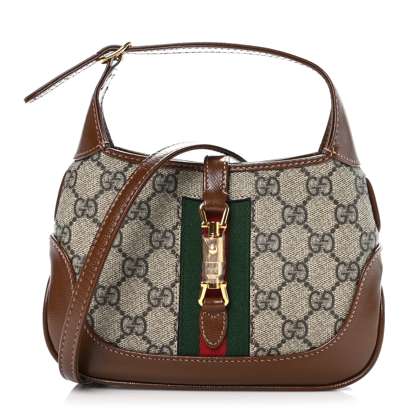 GG Supreme Monogram Azalea Calfskin Web Mini Jackie 1961 Hobo Beige Ebony Brown Sugar