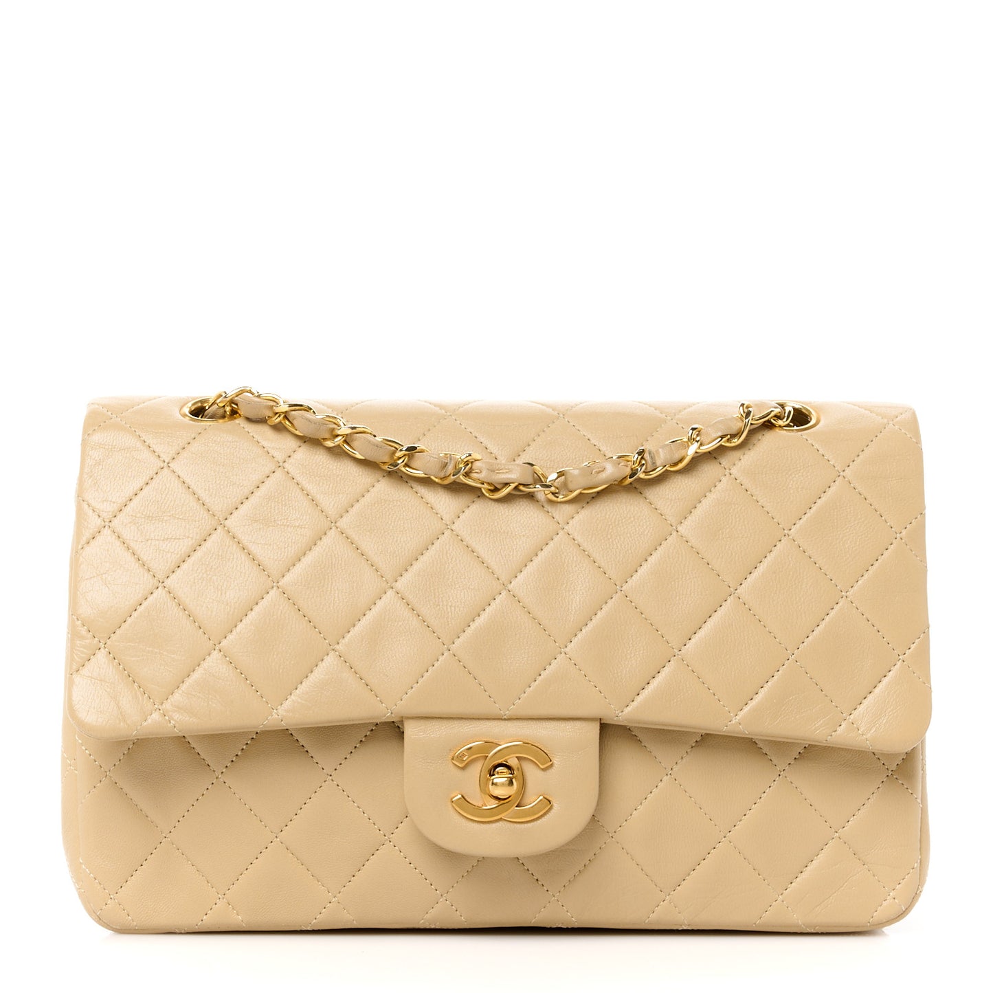 Lambskin Quilted Medium Double Flap Beige