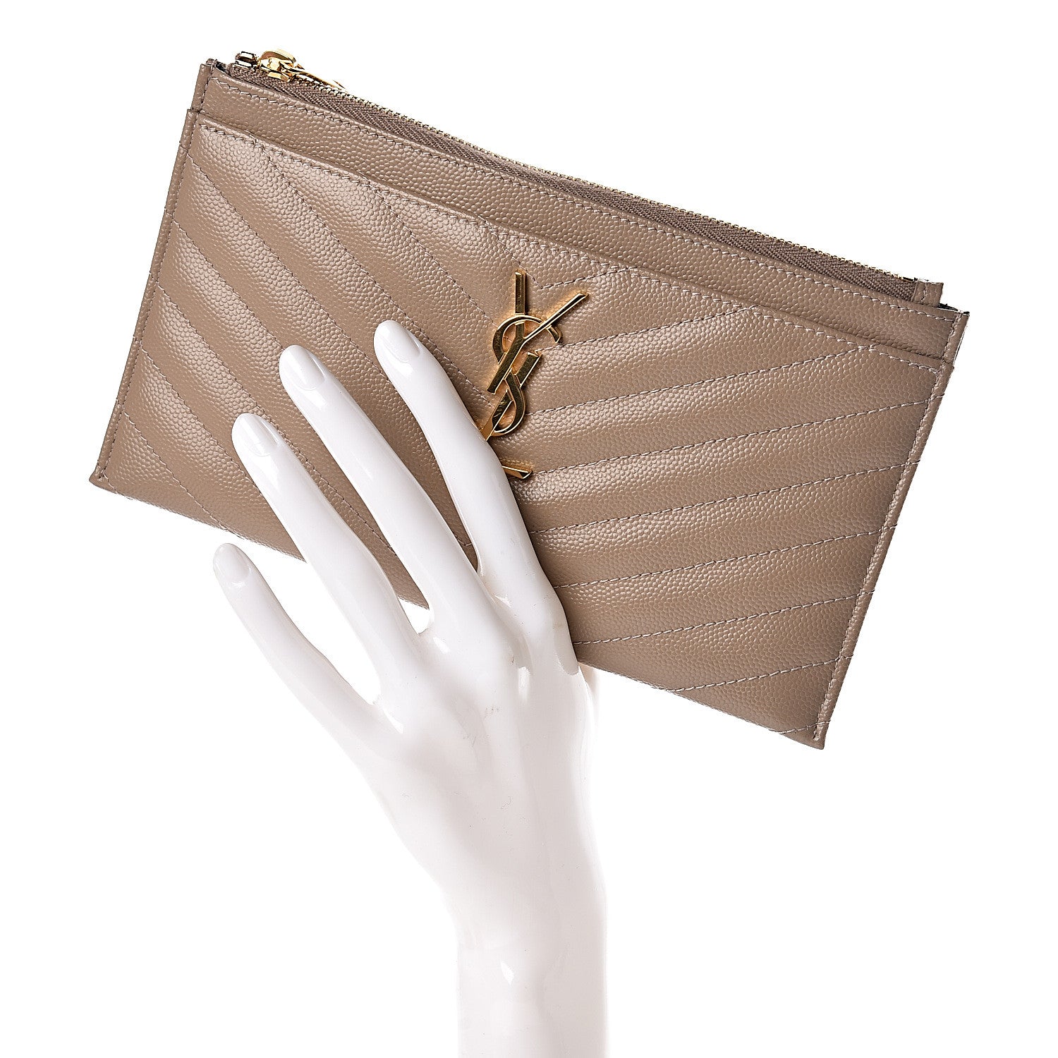 Saint Laurent Grain De Poudre Chevron Monogram Bill Pouch Dusty Grey 2 of 7