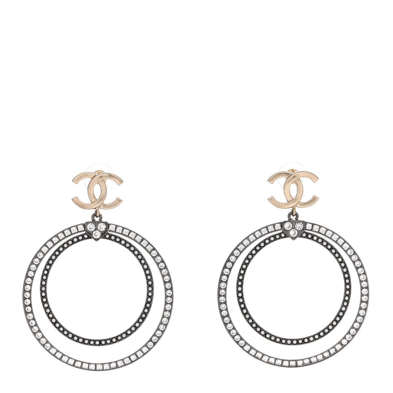 Chanel Crystal CC Circle Drop Earrings Silver Gold 1 of 4