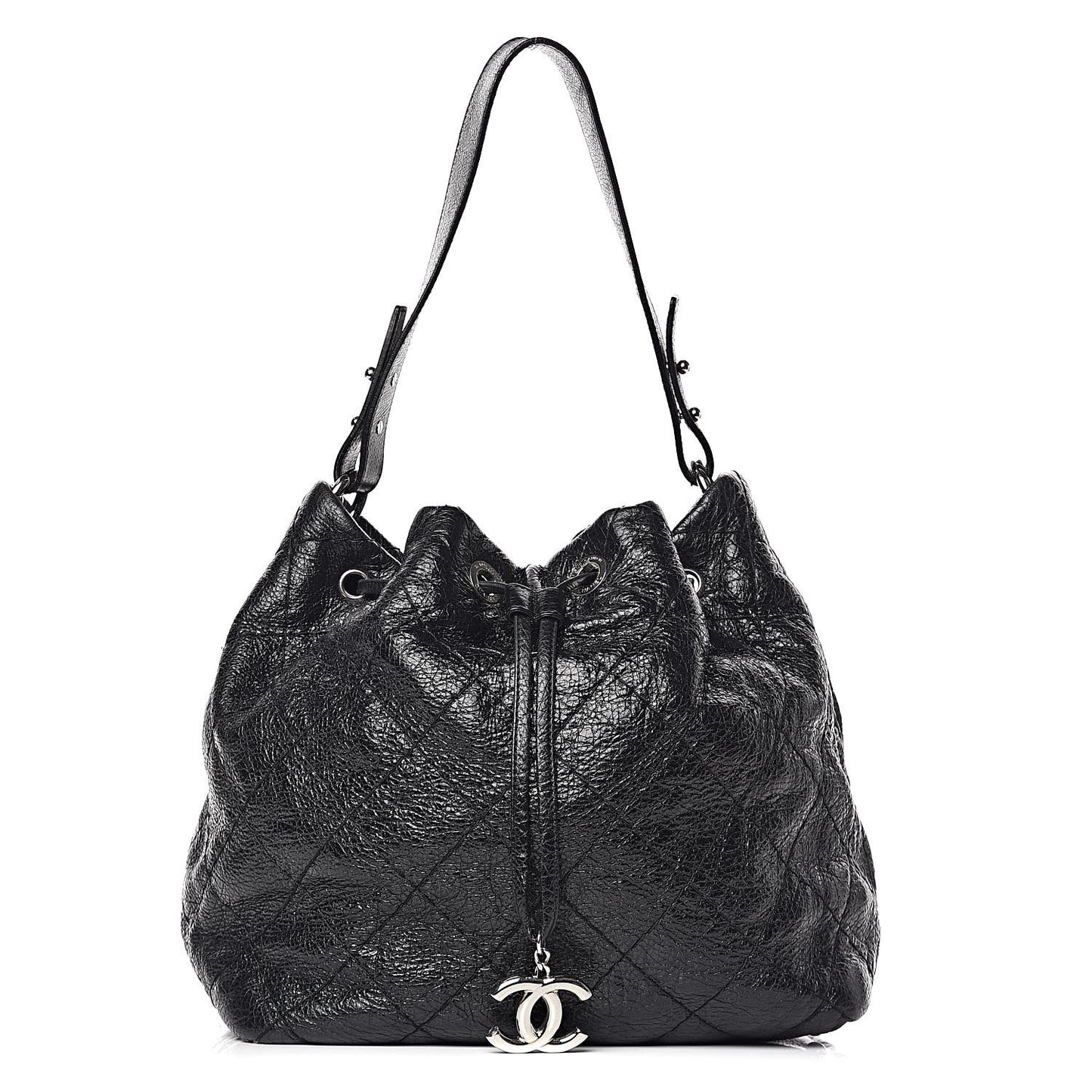 Glazed Calfskin On The Road Drawstring Tote Black