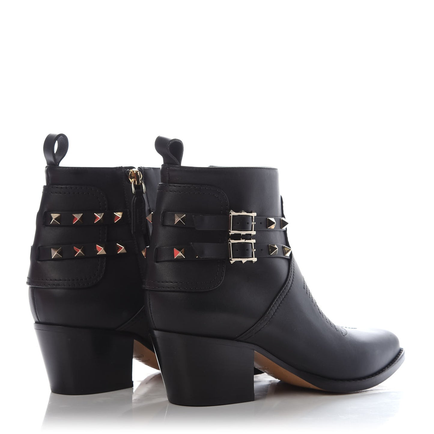 Calfskin Rockstud Double Buckle 50mm Cowboy Ankle Boots 38 Black