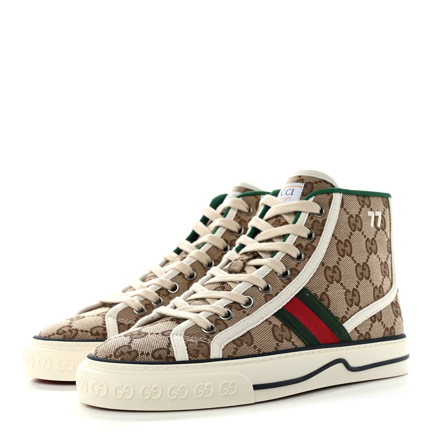 Gucci GG Monogram Web Womens 1977 Tennis High Top Sneakers 36 Beige Ebony Mystic White 3 of 8