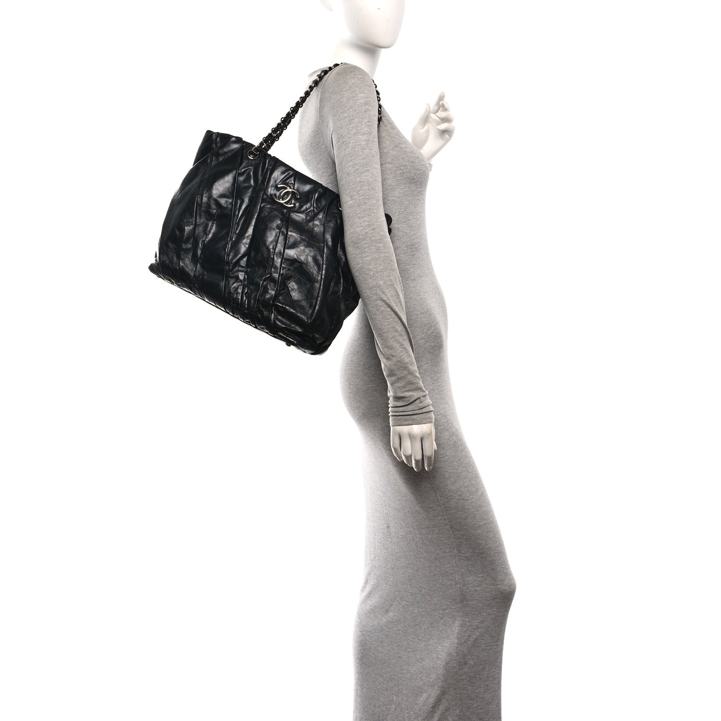 Glazed Calfskin Large Twisted Tote Black