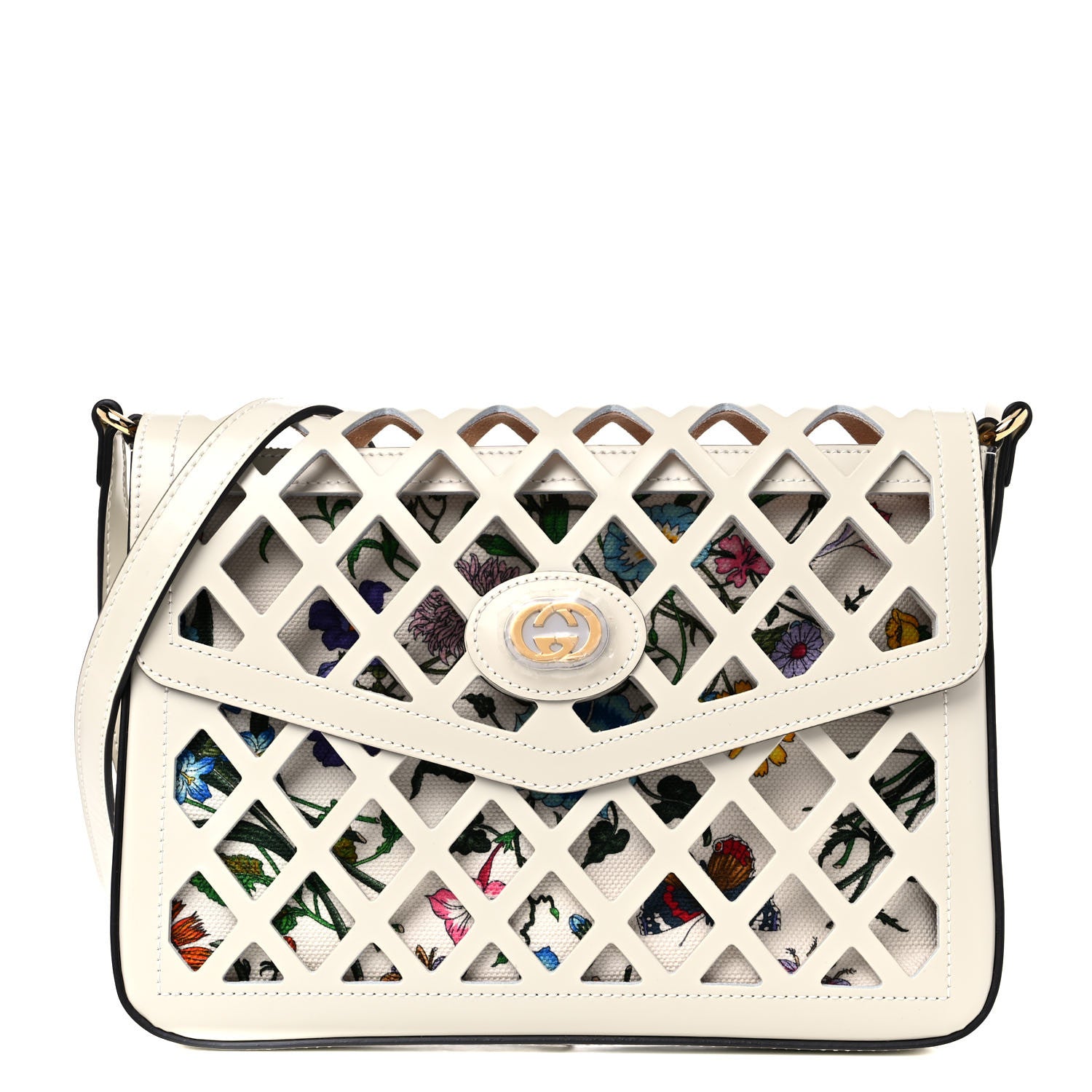 Gucci Canvas Flora Floral Calfskin Medium Cutout Shoulder Bag White Multicolor 1 of 12