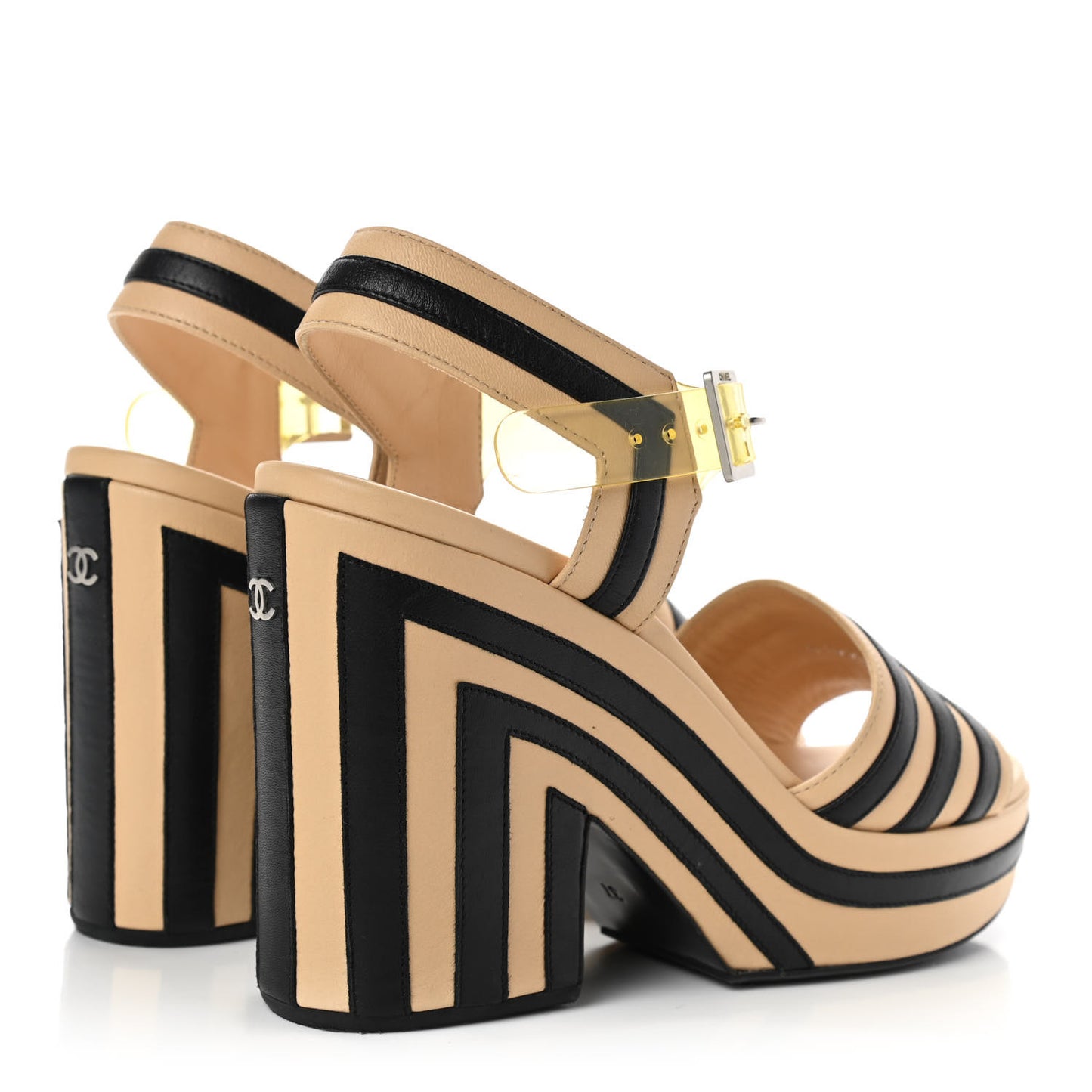 Lambskin Striped Wedge Sandals 37 Beige Black