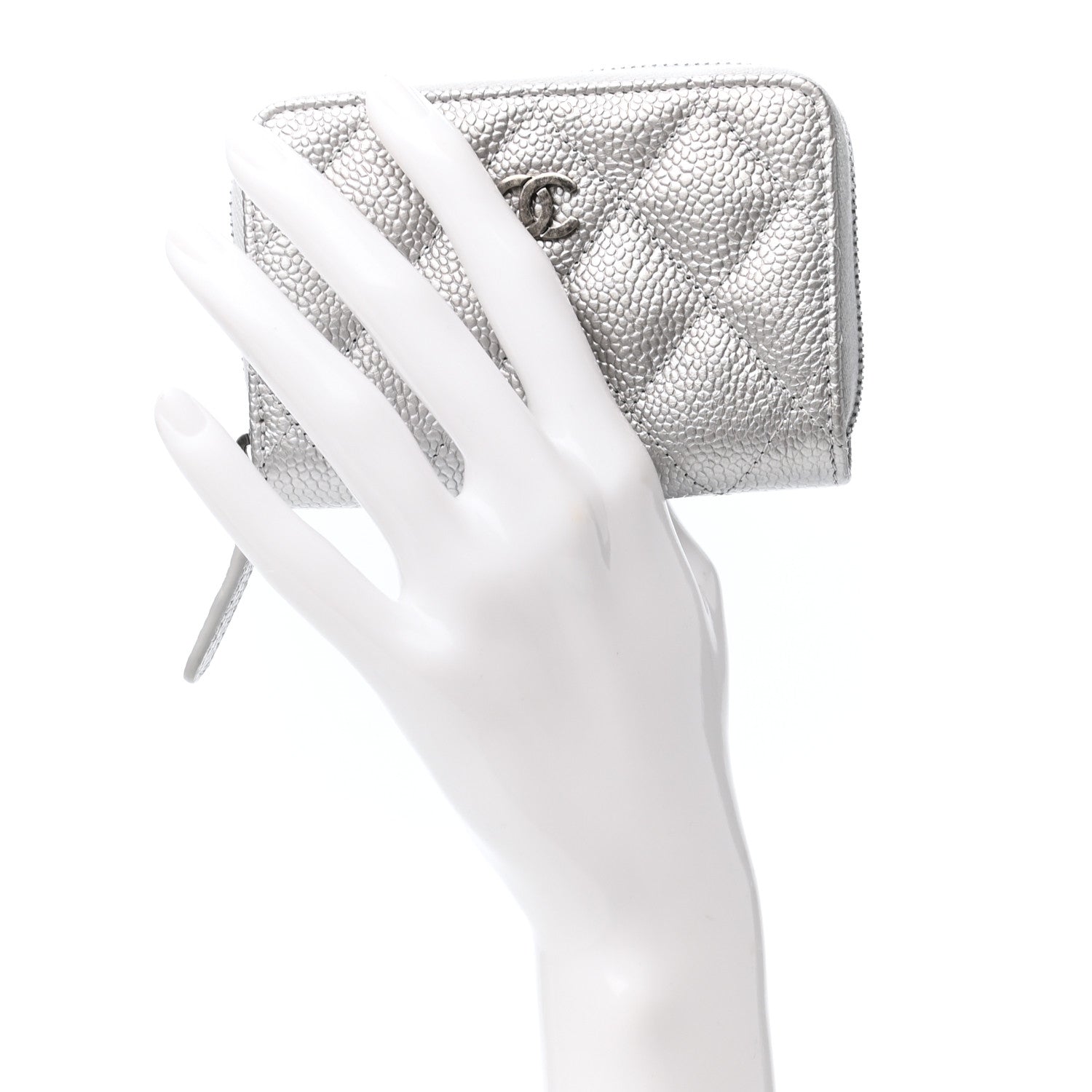 Chanel Metallic Caviar Quilted Zip Coin Purse Silver 2 of 8
