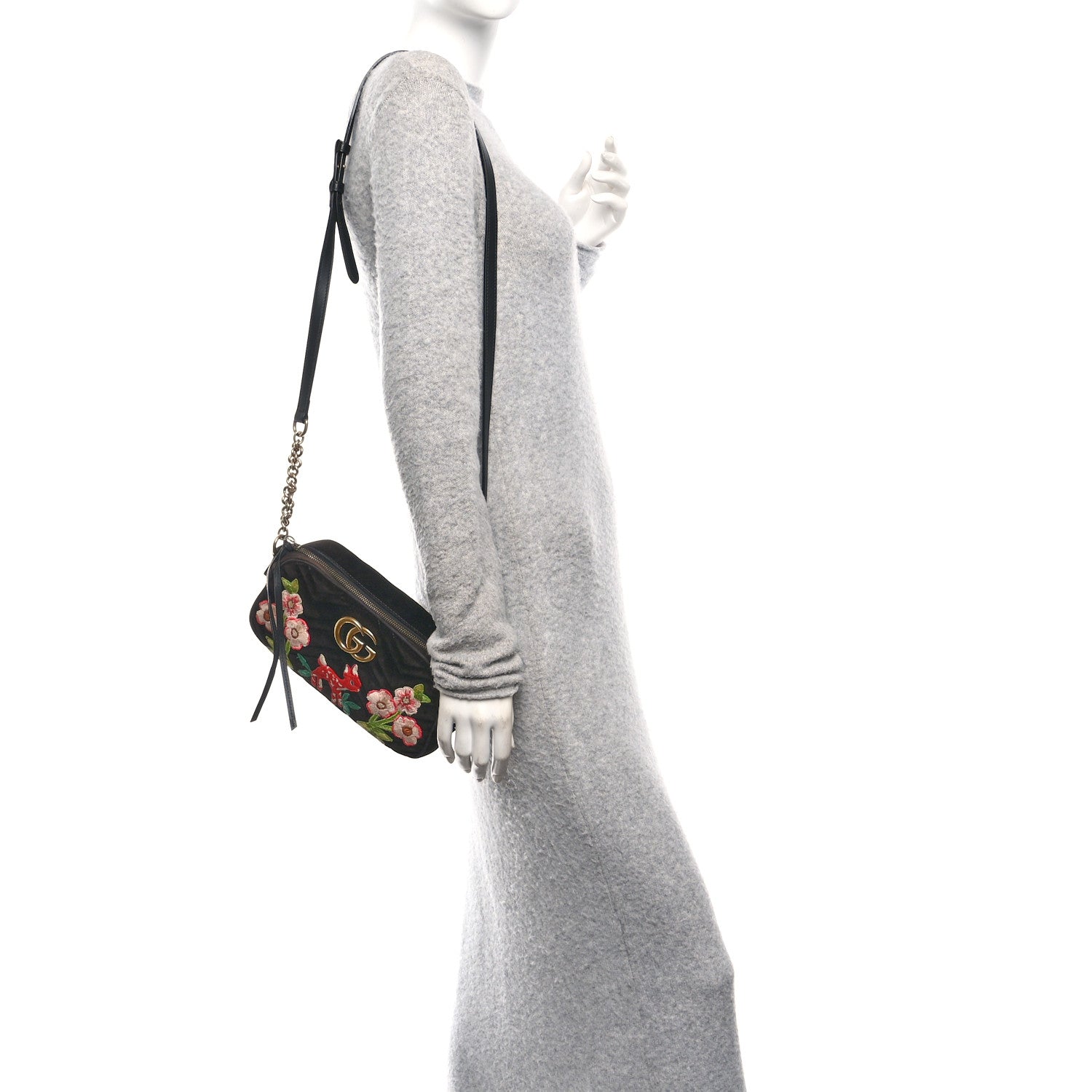 Gucci Velvet Matelasse Deer Embroidered Small GG Marmont Chain Shoulder Bag Black 2 of 10