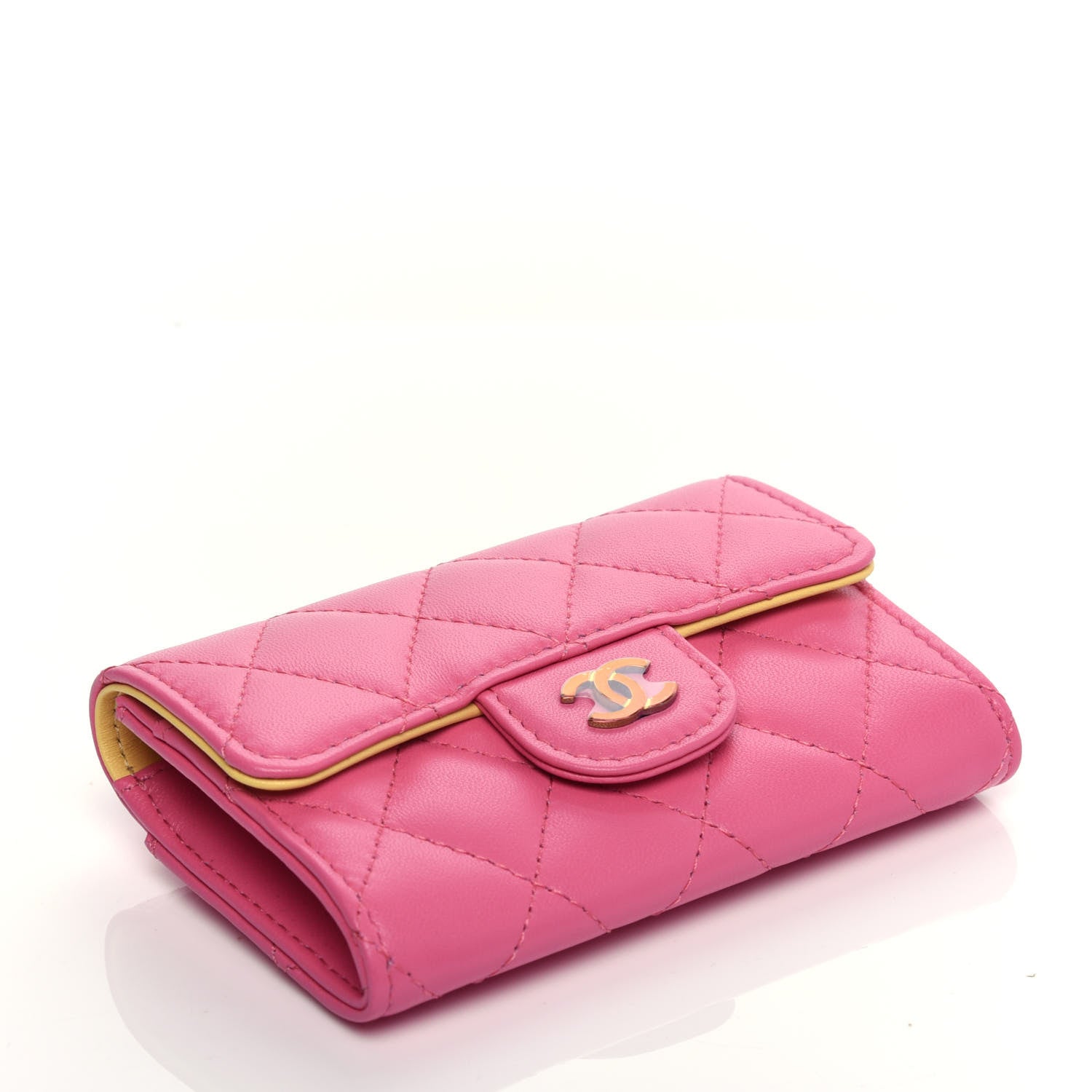 Chanel Lambskin Quilted Flap Card Holder Wallet Pink Yellow 4 of 9