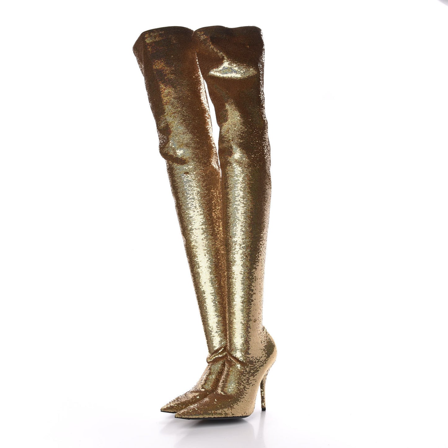 Metallic Sequin Spandex 110mm Knife Thigh High Boots 36.5 Gold