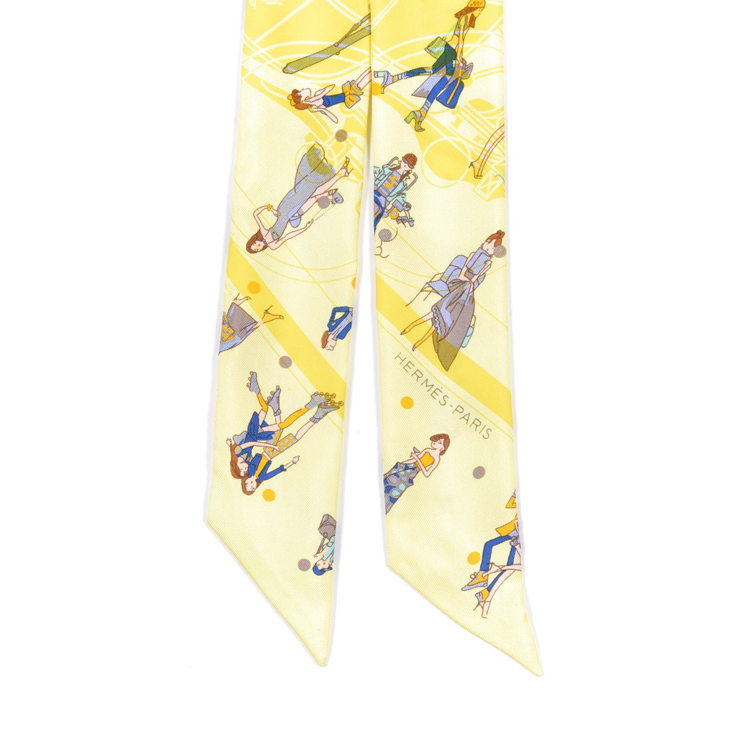 Hermes Silk Ex-Libris Les Parisie Twilly Jaune Soufre Gris 3 of 5