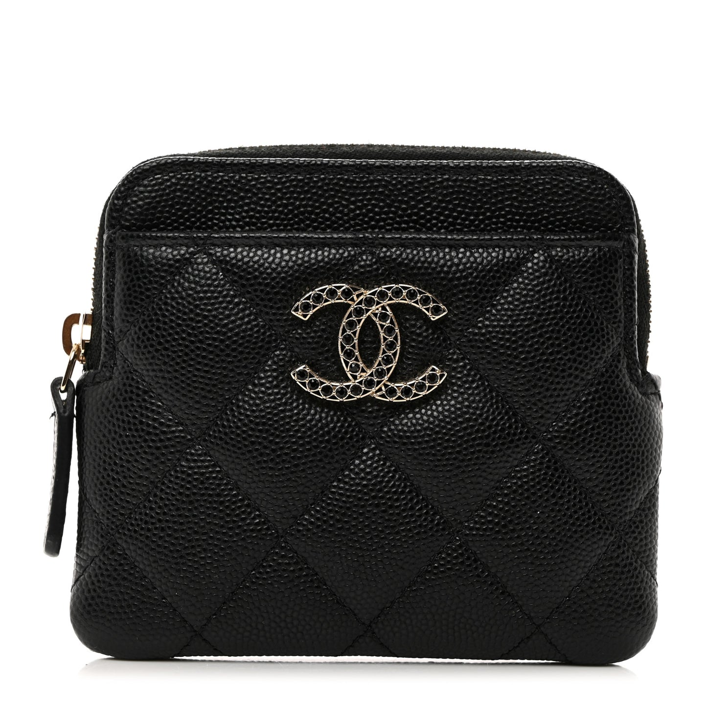 Caviar Quilted Crystal Zip Card Holder Wallet Black