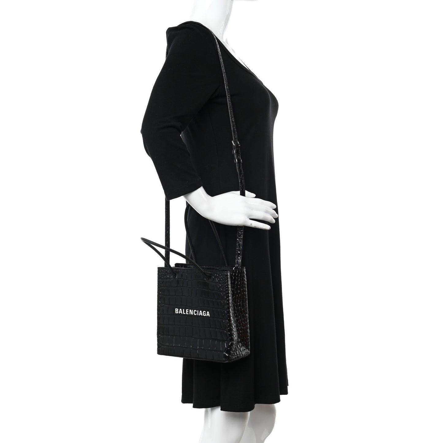 Shiny Calfskin Logo Crocodile Embossed North South Shopper Tote XXS Black White