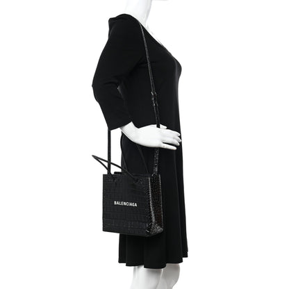 Balenciaga Shiny Calfskin Logo Crocodile Embossed North South Shopper Tote XXS Black White 2 of 15