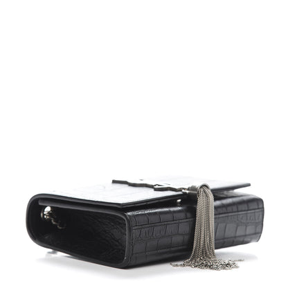 Saint Laurent Calfskin Crocodile Embossed Monogram Small Kate Tassel Satchel Black 4 of 10
