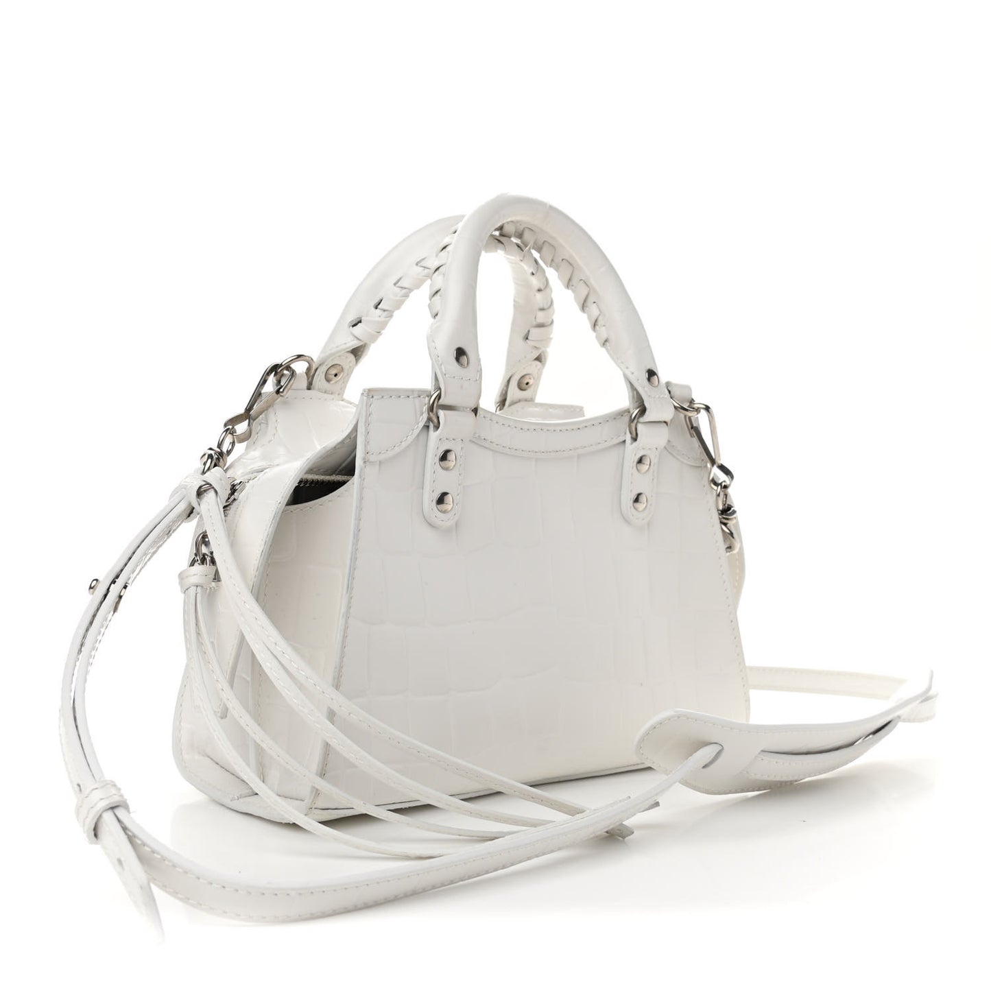 Semi Shiny Calfskin Crocodile Embossed Neo Classic Silver Hardware Mini City White
