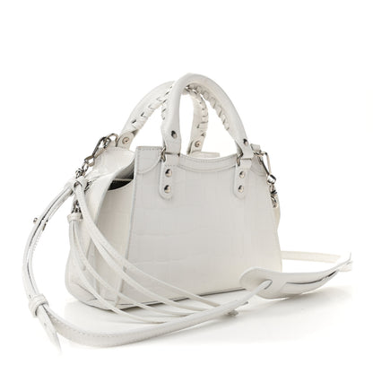 Balenciaga Semi Shiny Calfskin Crocodile Embossed Neo Classic Silver Hardware Mini City White 3 of 9