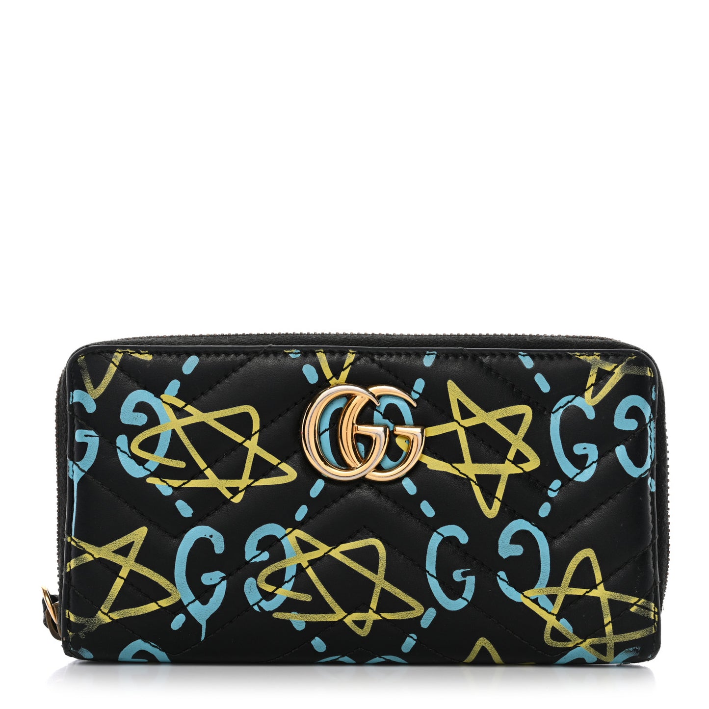 Calfskin Matelasse GucciGhost GG Marmont Zip Around Wallet Black New Acquamarine