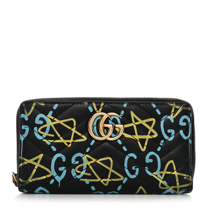 Gucci Calfskin Matelasse GucciGhost GG Marmont Zip Around Wallet Black New Acquamarine 1 of 13