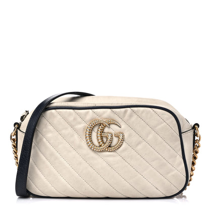 Gucci Vintage Effect Calfskin Matelasse Diagonal Small Torchon GG Marmont Chain Shoulder Bag Mystic White Blue Agata 1 of 18