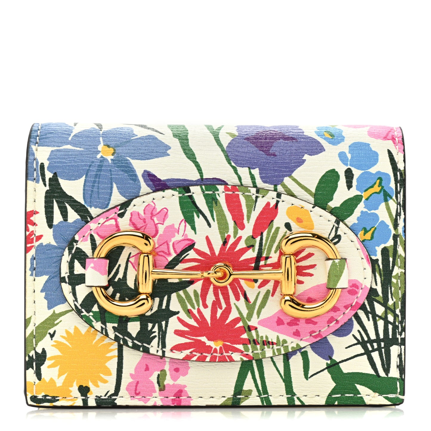 X KEN SCOTT New Shangai Calfskin Jardin D'Avril Floral Print Horsebit 1955 Card Case Wallet Ivory Pink