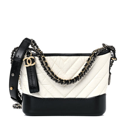 Chanel Aged Calfskin Chevron Quilted Small Gabrielle Hobo Black White 1 of 10
