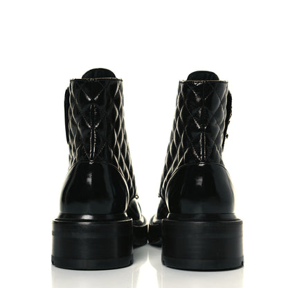 Chanel Shiny Calfskin Quilted Lace Up Combat Boots 37 Black 5 of 10