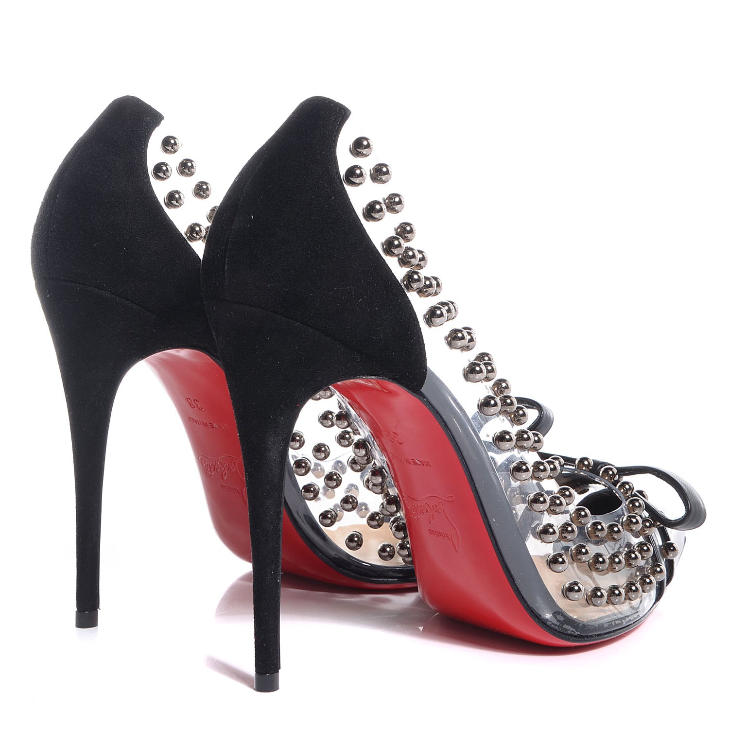 Christian Louboutin Suede Patent Bille et Boule 100 Studded Clear Bow Pumps Black 38 4 of 7