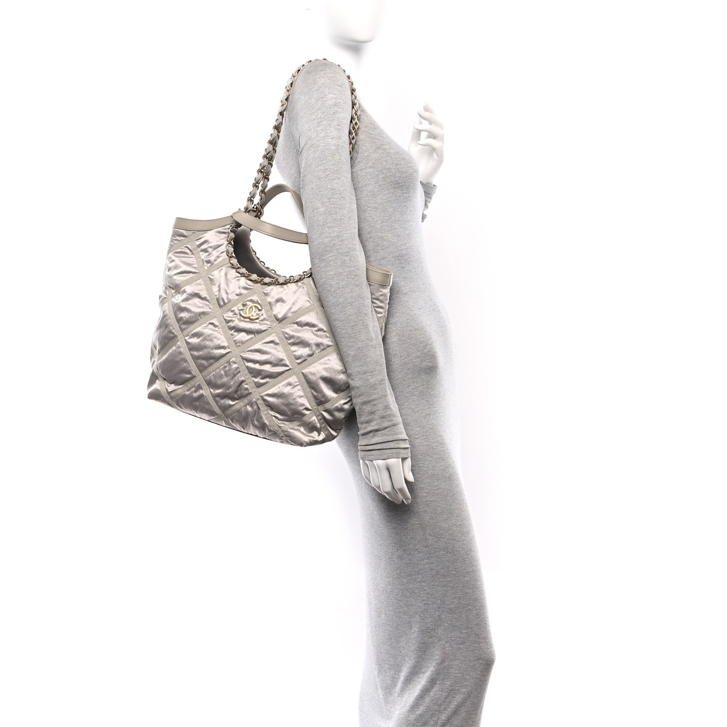 Chanel Nylon Grosgrain Quilted Lifestyle Shopping Bag Grey 2 of 12