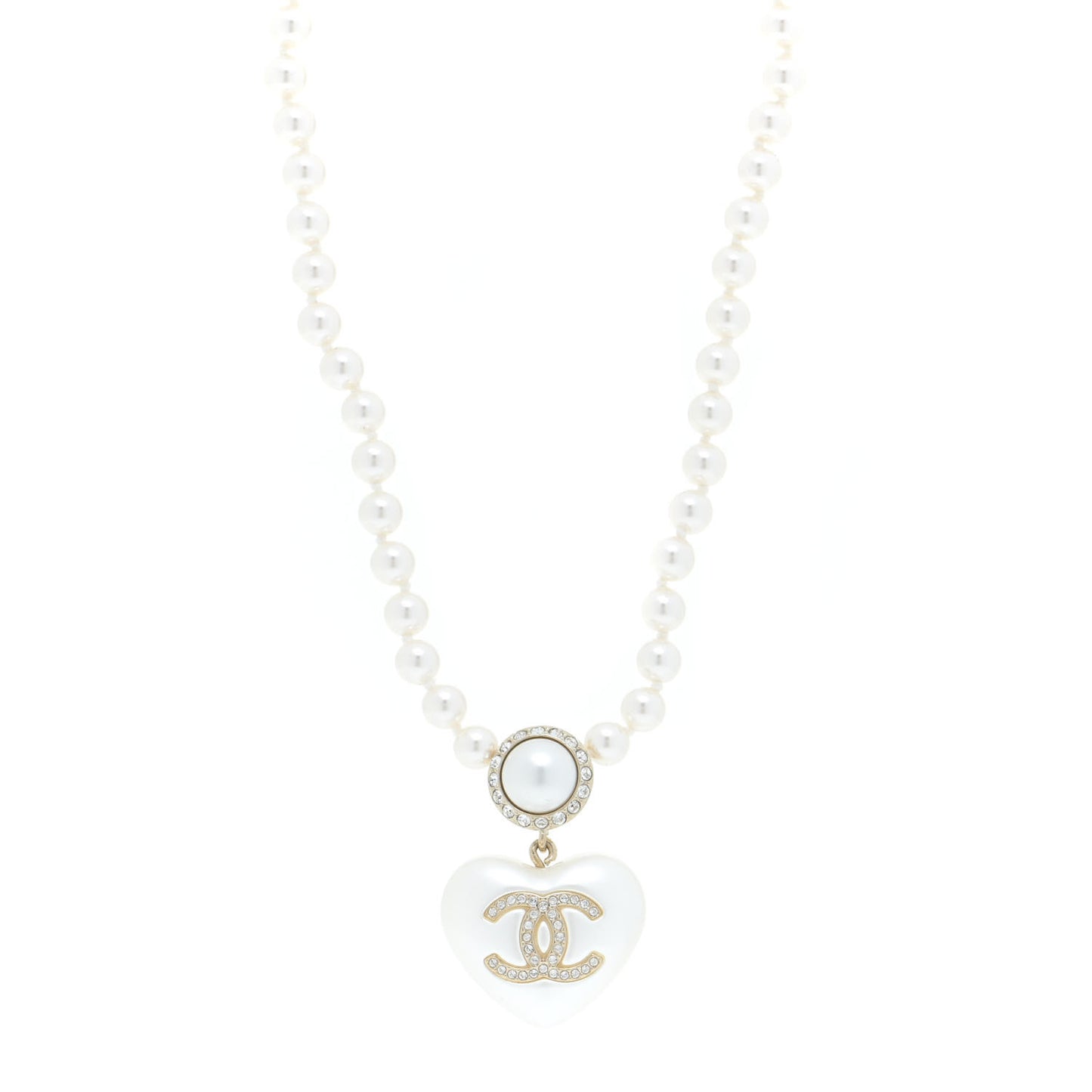 Pearl Crystal CC Heart Short Necklace Pearly White Gold