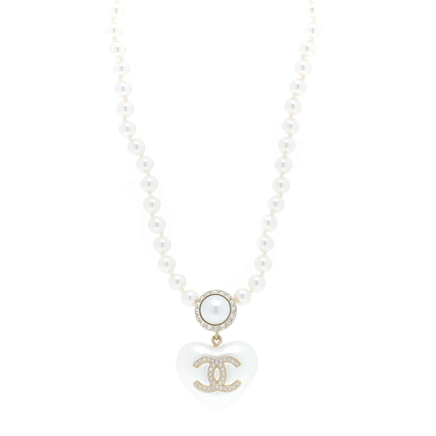 Chanel Pearl Crystal CC Heart Short Necklace Pearly White Gold 1 of 6