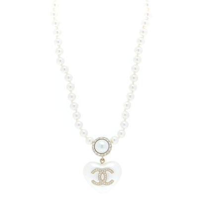 Chanel Pearl Crystal CC Heart Short Necklace Pearly White Gold 1 of 6