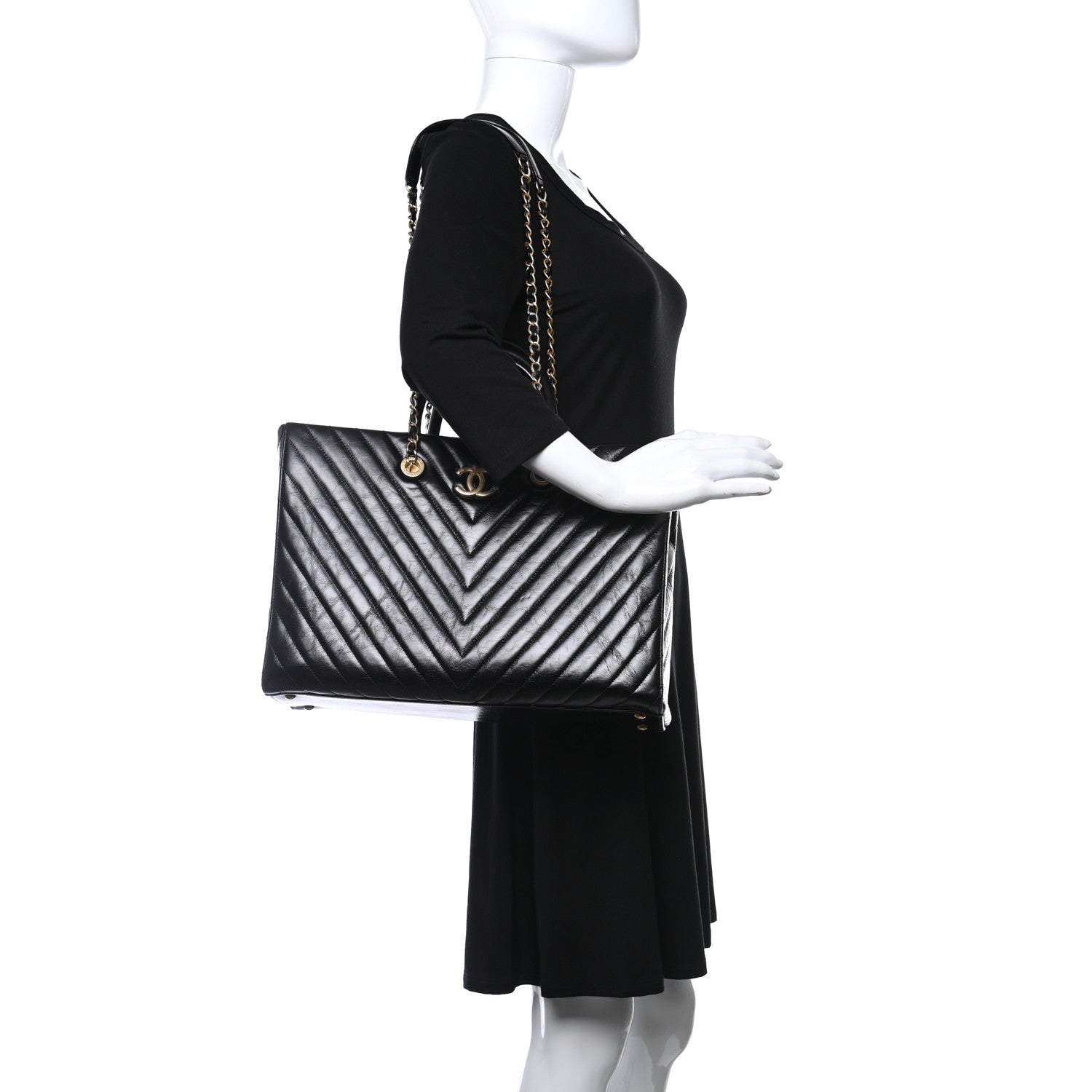 Chanel Aged Calfskin Chevron Large Coco Handle Shopping Tote Black 2 of 14