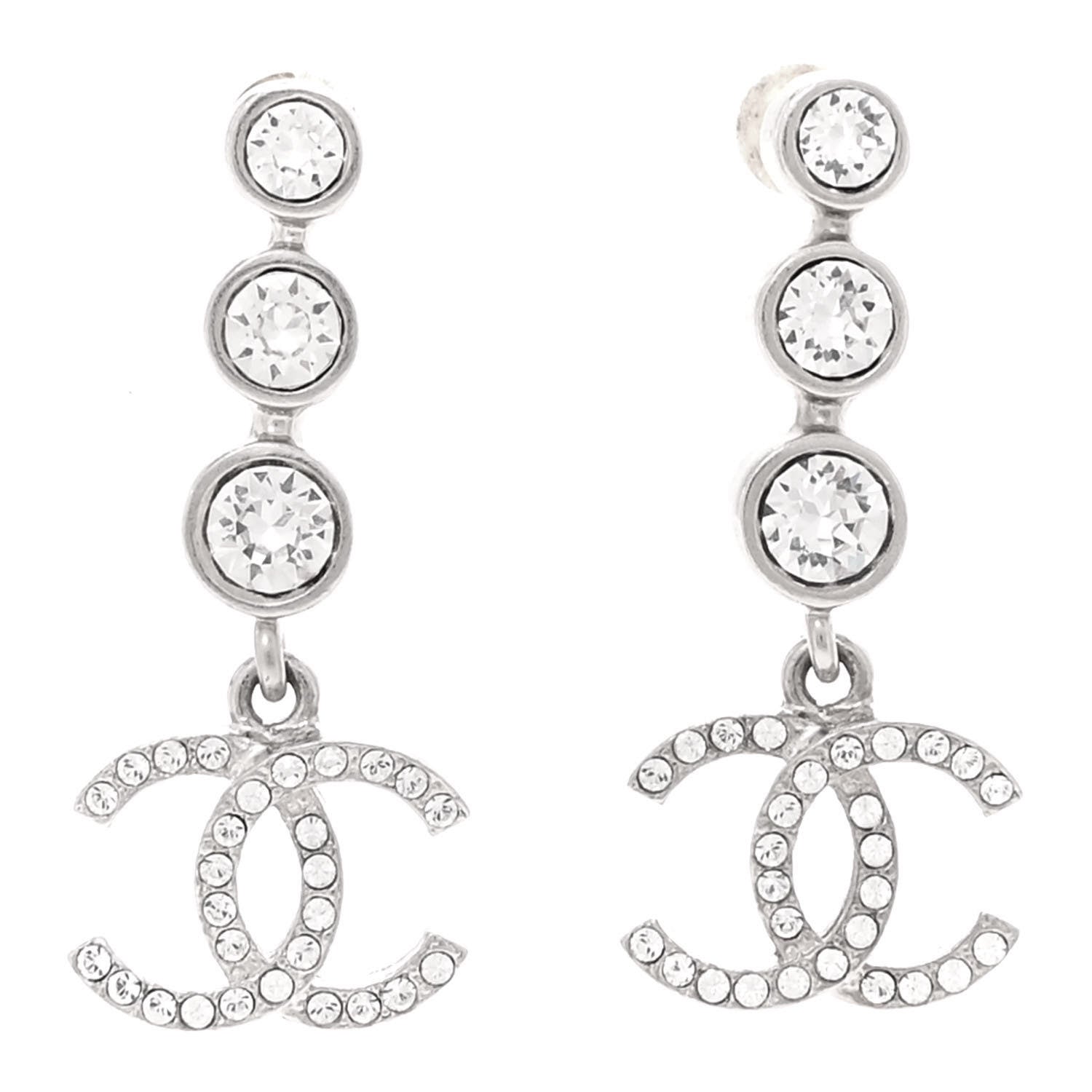 Chanel Crystal CC Drop Earrings Silver 1 of 5