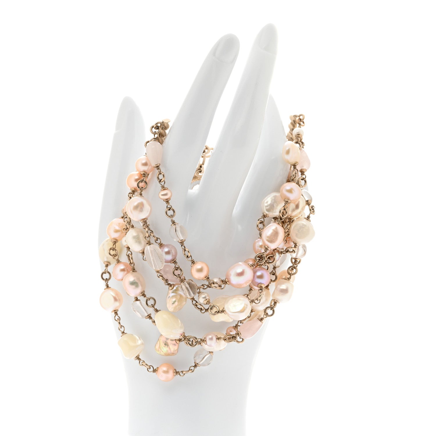 Chanel Pearl Bead CC Multi Strand Bracelet Gold Pink 1765171
