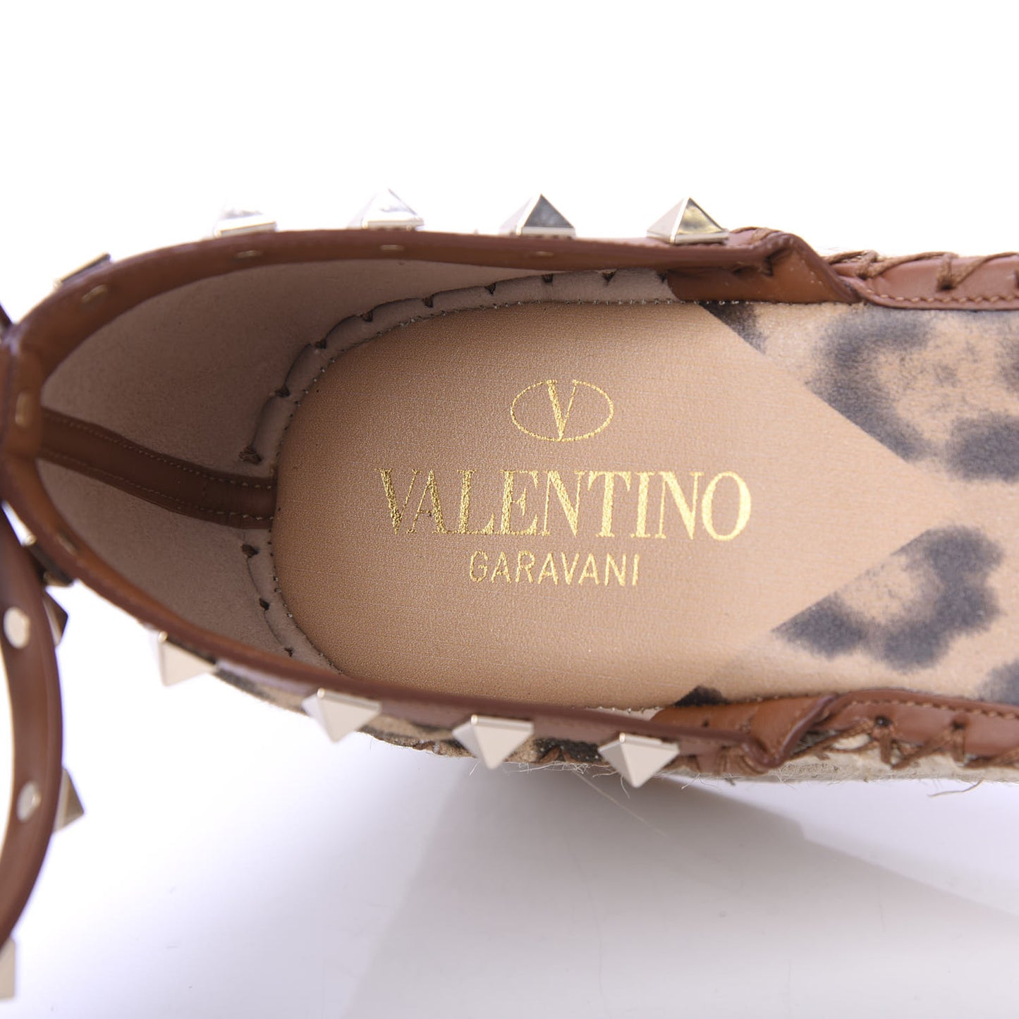 Canvas Leopard Print Rockstud Ankle Wrap Espadrille Flatform Sandals 40 Brown
